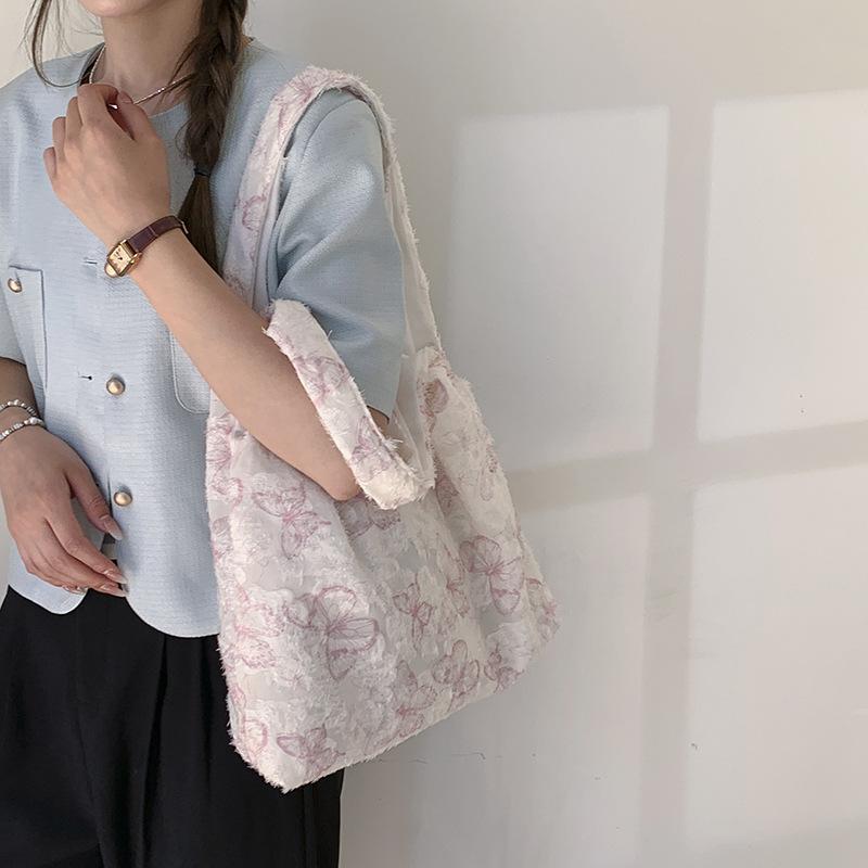 Lace Butterfly Canvas Bag Women's New Trendy Korean Style Literary Tote Bag Student Class Large Capacity Bag