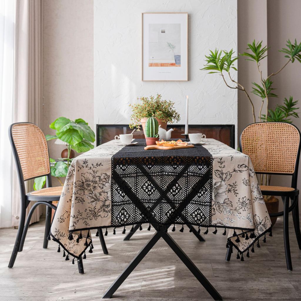 Tablecloth White Plain Color Contrast Hollow Splicing Table Cloth Restaurant Tablecloth