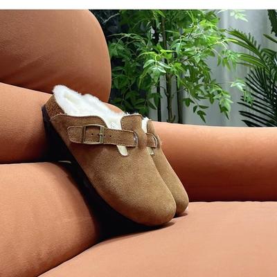 Модные женские тапочки 2024 года, осень-зима, кожаные тапочки с круглым носком, парные тапочки, повседневные, сохраняющие тепло, женские замшевые тапочки Mujer