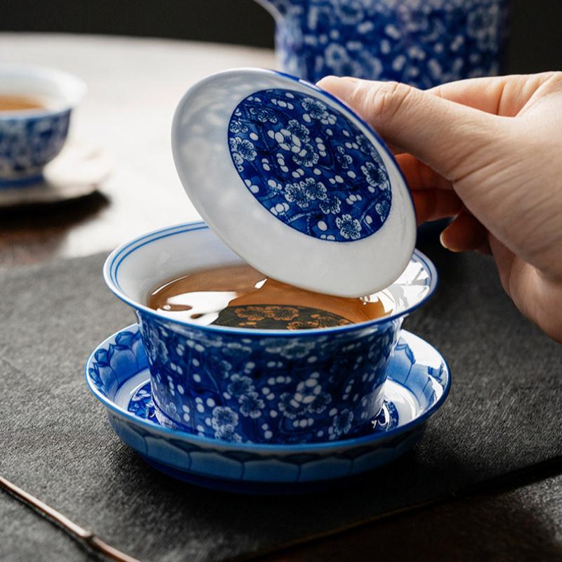 Фарфоровый Гайвань Сине-белый Слива Чайный Сосуд Цветок Саньцай Китайская Пиала для Кунг-фу с Ситечком Чайная Чаша Бытовая Кухонная Посуда для Чая