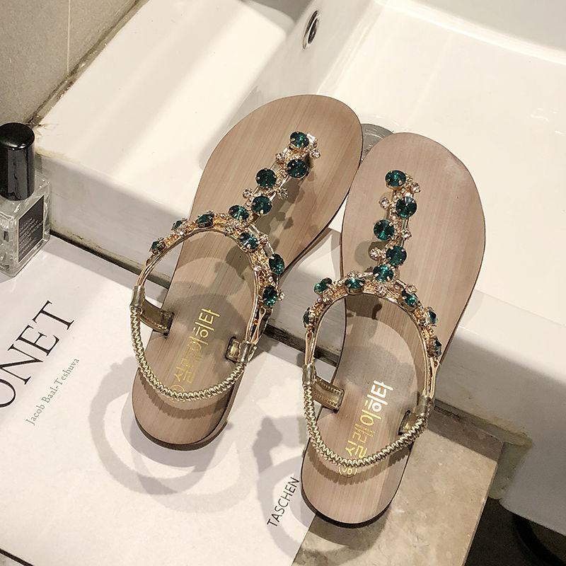 Женские летние сандалии, блестящие стразы, универсальные шлепанцы на плоской подошве, нескользящая пляжная обувь, удобные сандалии