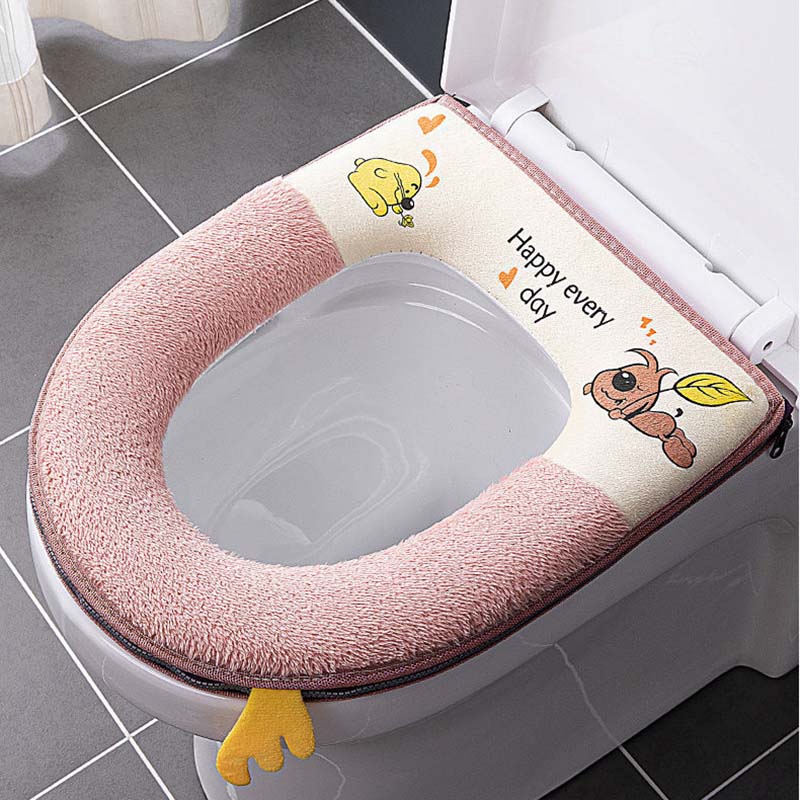 Washable Toilet Seat Cushion Household Four Seasons Universal Breathable Zipper Toilet Seat Cover Cute Cartoon Bathroom Toilet Seats Pads with Handle