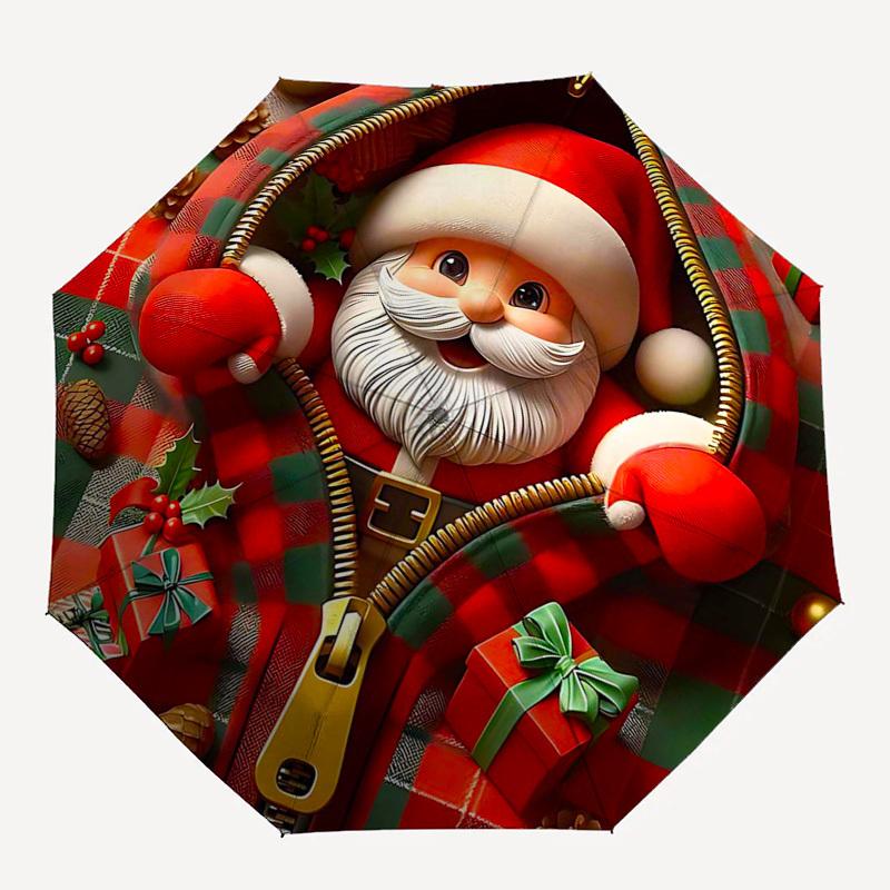 1pc Plaid Zipper Santa Claus Design Automatic Opening Umbrella, Portable Tri-Fold Design with 8-Bone Iron Frame, Perfect for Outdoor Use, Festive Gift