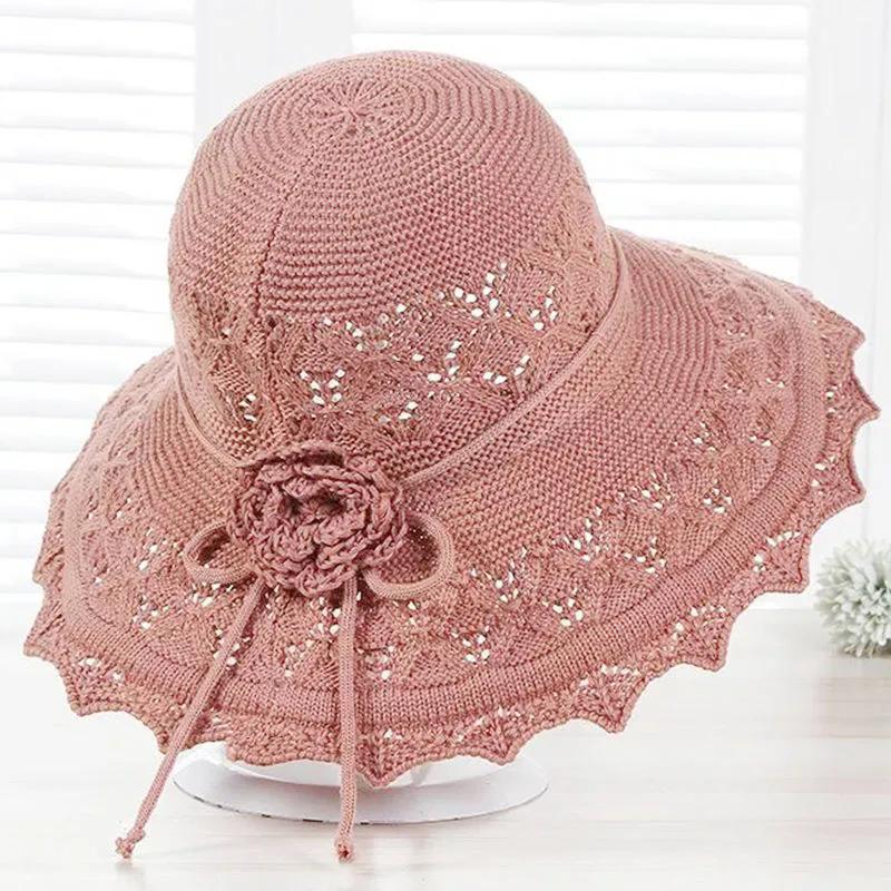 WTEMPO Women's Spring Summer Versatile Solid Color Flower Sun Hats Wide Brim Breathable Foldable Beach Flower Knitted Hats