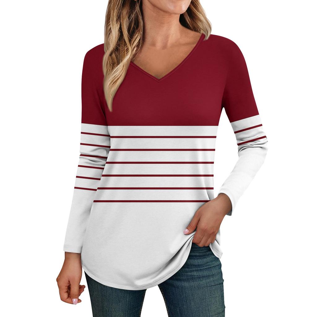 Womens Long Sleeve Tops V Neck Shirts Casual Flower Print Basic Trendy Tee Blouses Fall Tunic Outfits Fitted T Shirts