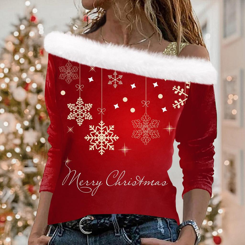 Women's Casual Long Sleeve Slouchy Christmas Printed Plush Fashion Top