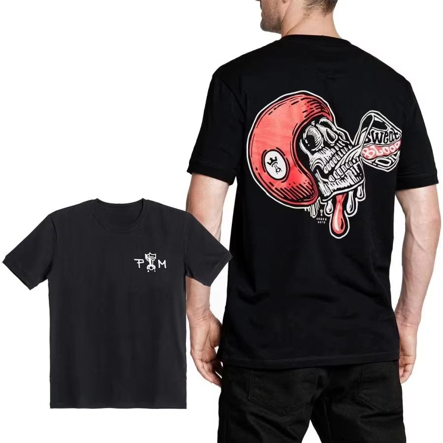 Pad Motorcycle T-Shirt Microphone Skull Red Summer Luxury Brand Pants Men's and Women's T-Shirts Motorcycle Short Sleeves