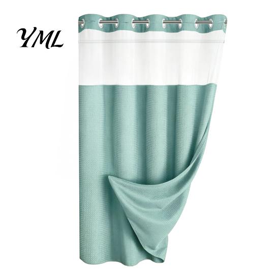 No Hook Shower Curtain for Bathroom Curtain, Waterproof with Snap-on Liner, Guest Mesh Top, Machine Washable Divider RV Hotel