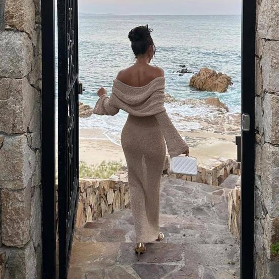 Вязаное платье макси для женщин с длинным рукавом, прозрачное открытое плечо, элегантное длинное платье для вечеринок, пляжа