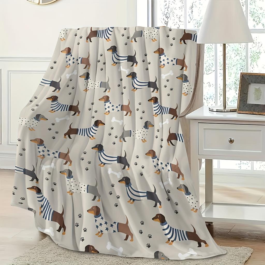 PetStyle Фланелевое одеяло для таксы, разноцветное, в полоску, со звездами, узорами с собаками, элементами лапок и костей, мягкое, уютное, плед для дивана, украшение для дивана
