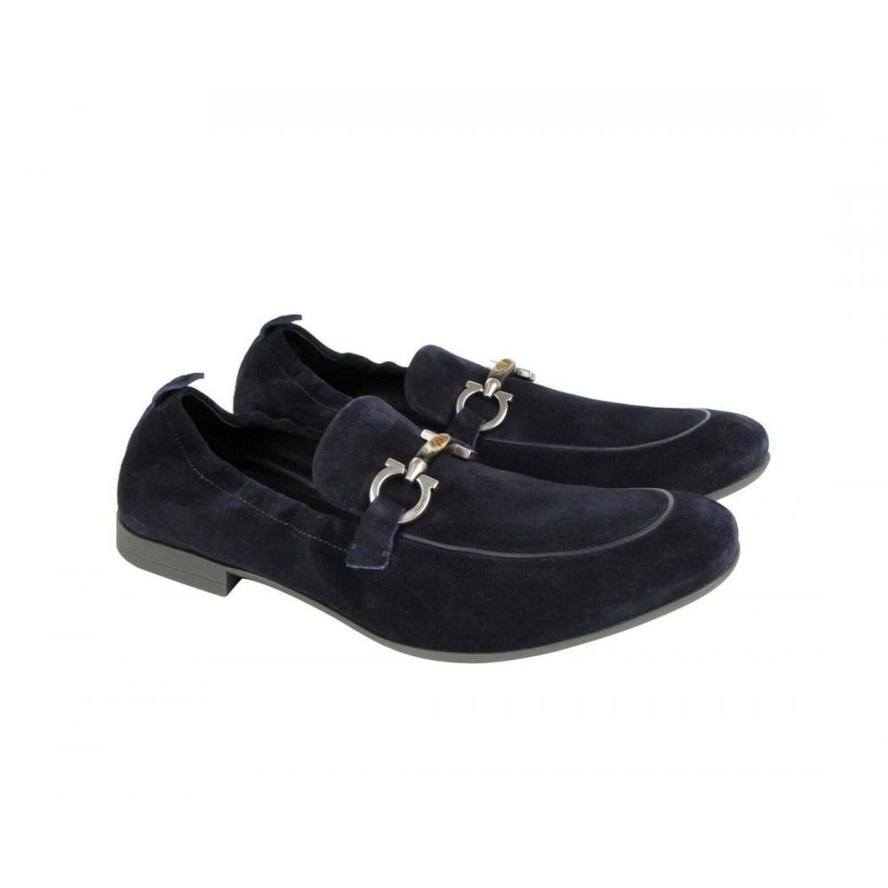 Salvatore Ferragamo Мужские замшевые эластичные мокасины horSebit темно-синего цвета