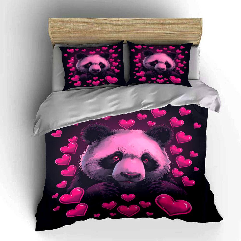Cute Panda with Pink Hearts Bedding Duvet Cover Set (1*Duvet Cover 2*Pillowcases, without duvet insert)