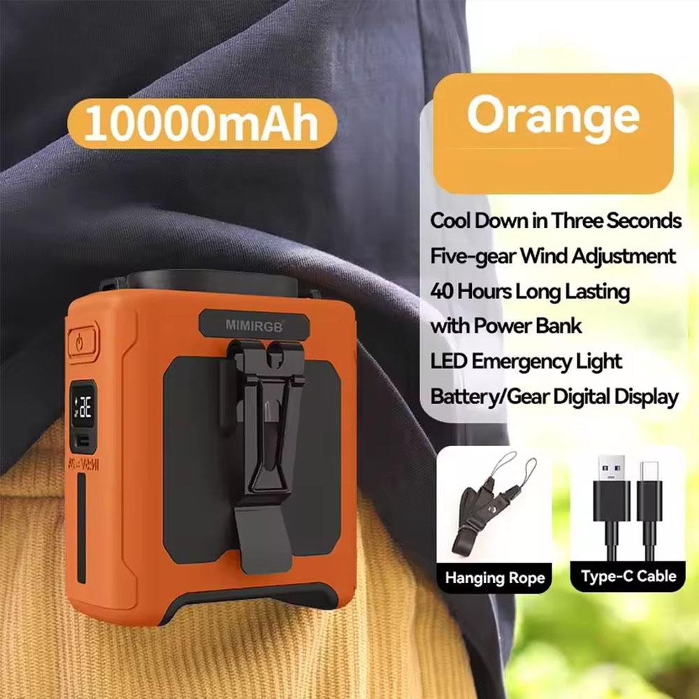 Поясной вентилятор 10000 мАч с функцией Power Bank, 5 скоростей, портативный, Hands-Free, перезаряжаемый, дисплей уровня заряда батареи, USB-зарядка