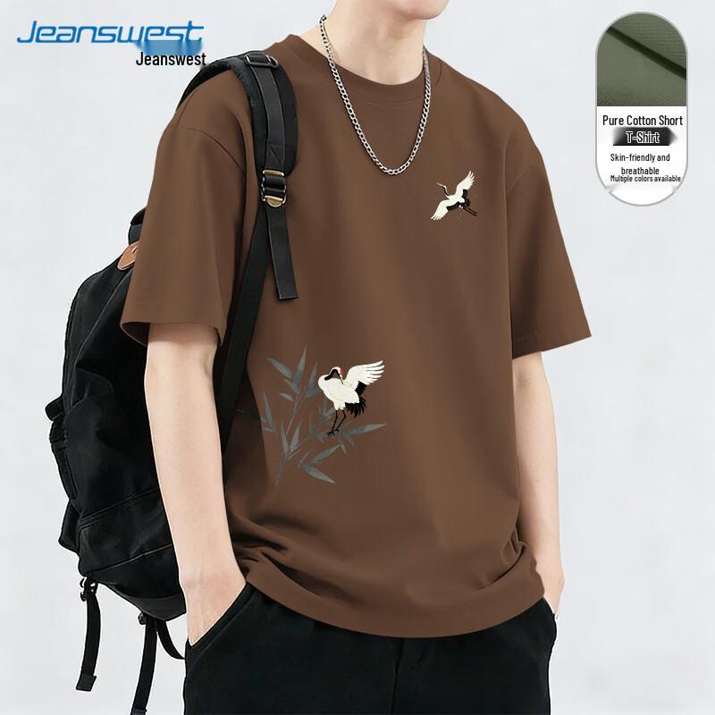 Мужская хлопковая футболка с коротким рукавом Jeanswest, плотная, с принтом «Журавль и бамбук»