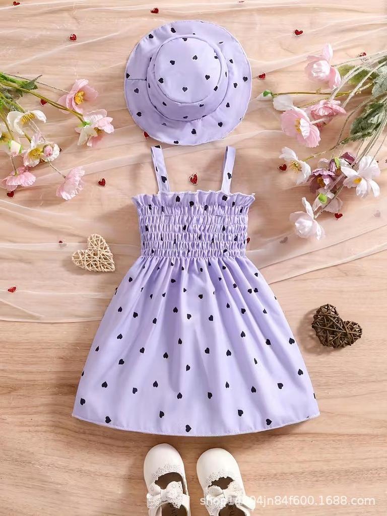 Toddler Girl Heart Smocked Dress and Hat Set Kids Beach Wear