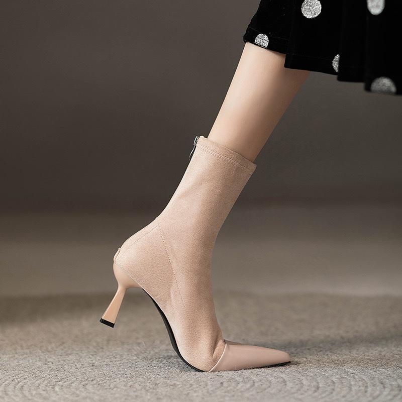 2024 Winter Women Boots Genuine Leather Ankle Boots Pointed Toe Stiletto Boots High Heels Leather Shoes Ladies Shoes Thin Heels