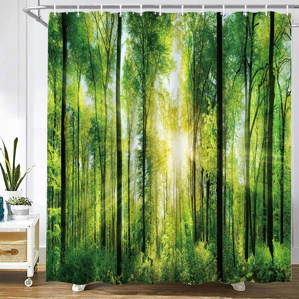 Modern 3D Printing Forest Shower Curtain Green Plant Tree Landscape Bath Curtain With Hooks For Bathroom Waterproof Scenery