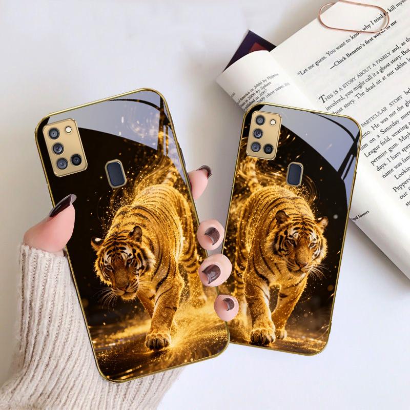 Тигр силы Для Samsung A 31 32 A33 A34 35 14 A15 13 A16 25 26 50 52 53 54 55 56 70 71 72 73 Золотой стеклянный чехол для телефона