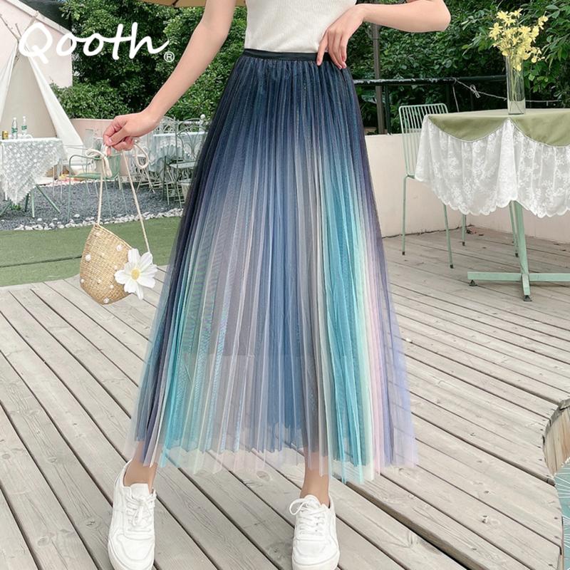 Qooth Женская тюлевая юбка трапециевидной формы с радужным градиентом, элегантная юбка трапециевидной формы из блестящей сетки с высокой талией на весну и лето QT2128