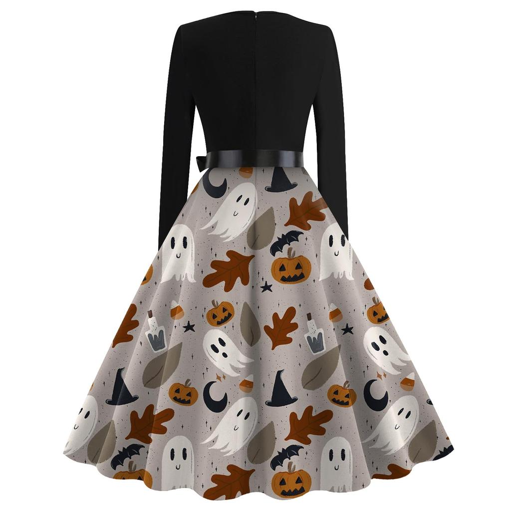 Женские повседневные модные платья с квадратным вырезом и длинным рукавом на Хэллоуин с принтом в винтажном стиле