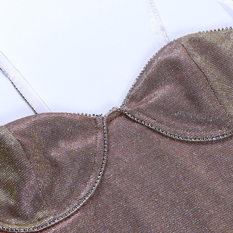 Sexy Bright Silk Diamond Mini Dress Women Summer Low-Neck Sleeveless Backless Strap Party Bodycon Dress Elegant Evening Dress