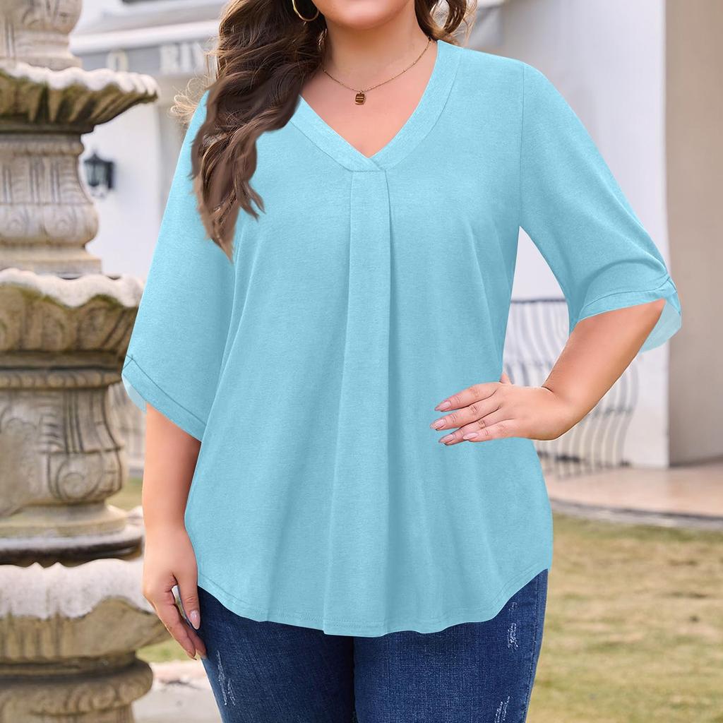 Women's Fashion Large Size Solid Color V-Neck Three-quarter Sleeve Top