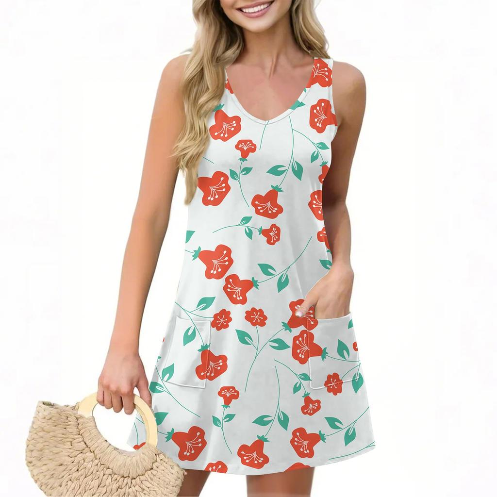 Женское повседневное летнее платье-жилет с карманами, цветочным принтом, V-образным вырезом, без рукавов