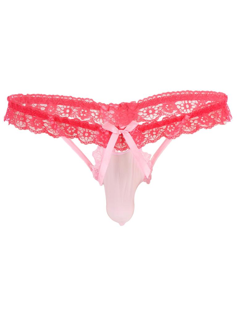 Mens Floral Lace Elastic Waistband Thong Sissy Underwear Contrast Color Bowknot Bulge Pouch G-string Cutout T-back