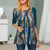 Plus Size Women Flower Vertical Stripes Print Round Neck Casual Loose Long Sleeve Top