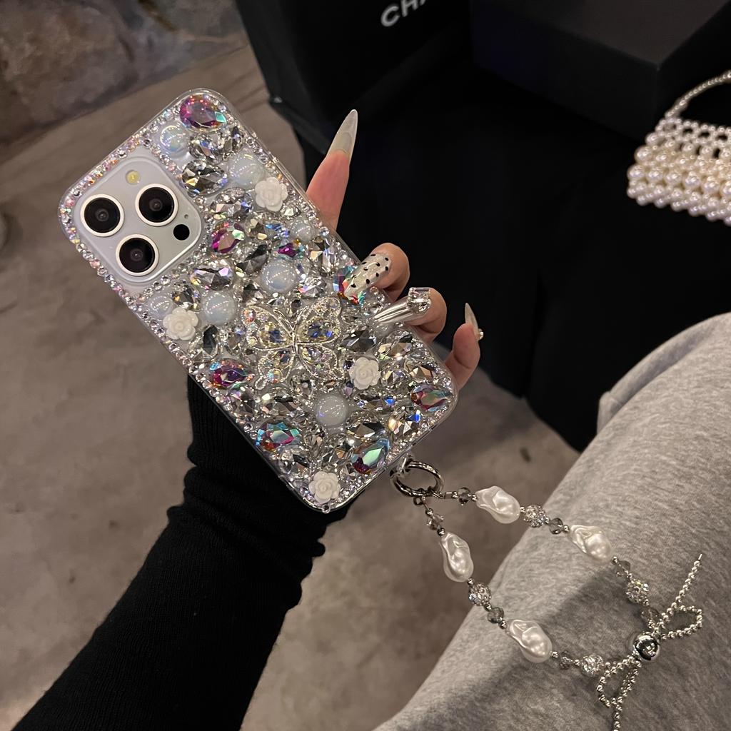 Роскошный женский чехол-браслет с изображением бабочки-камелии на весь экран со стразами для iPhone 16,15,14,13,11,12 Plus, Pro и Pro Max