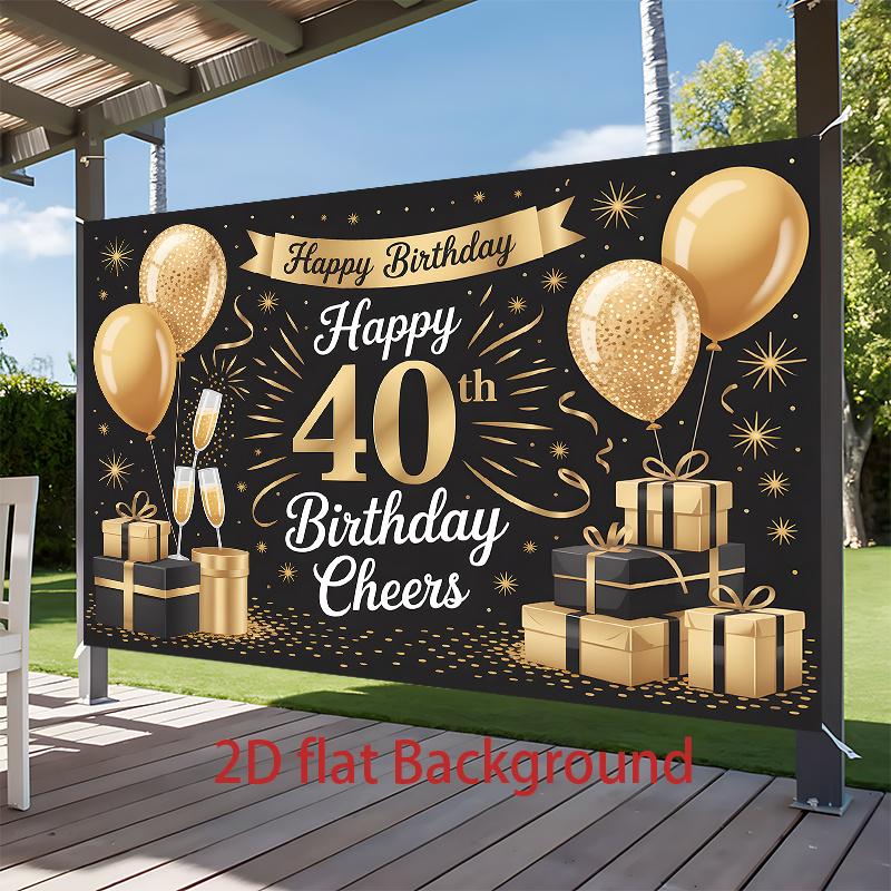 1pc Birthday 40th Gift Box Champagne Elegant Hanging Banner Black Golden Polyester