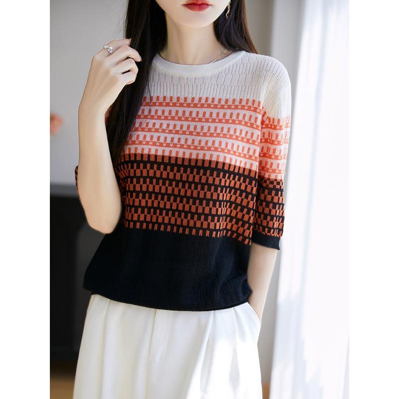 A New French Design Striped Color-blocking Round-neck Mid-sleeved T-shirt for Women's Summer, A Fashionable, Casual and Elegant Pullover