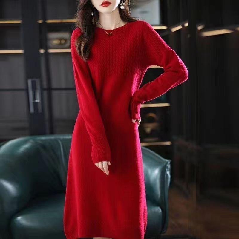 Трикотажное платье средней длины, женское осеннее и зимнее свободное платье-свитер выше колена с круглым вырезом и круглым вырезом, женское платье-свитер с длинными рукавами