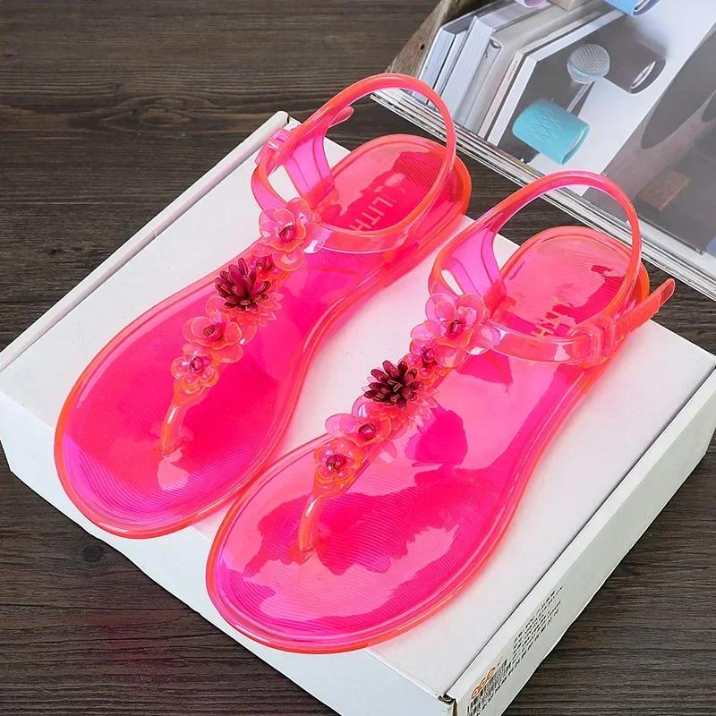 Летние женские прозрачные сандалии ручной работы с цветочным узором, шлепанцы с застежкой на носок, женские повседневные пляжные праздничные нескользящие тапочки на плоской подошве