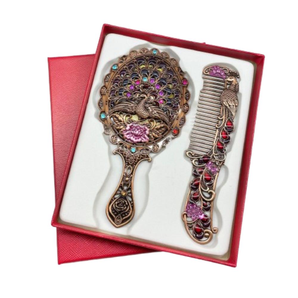 Portable Peacock Makeup Mirror Comb Set Vintage Hand-held Cosmetic Mirror Metal Handle with Comb Vanity Mirror Middle East