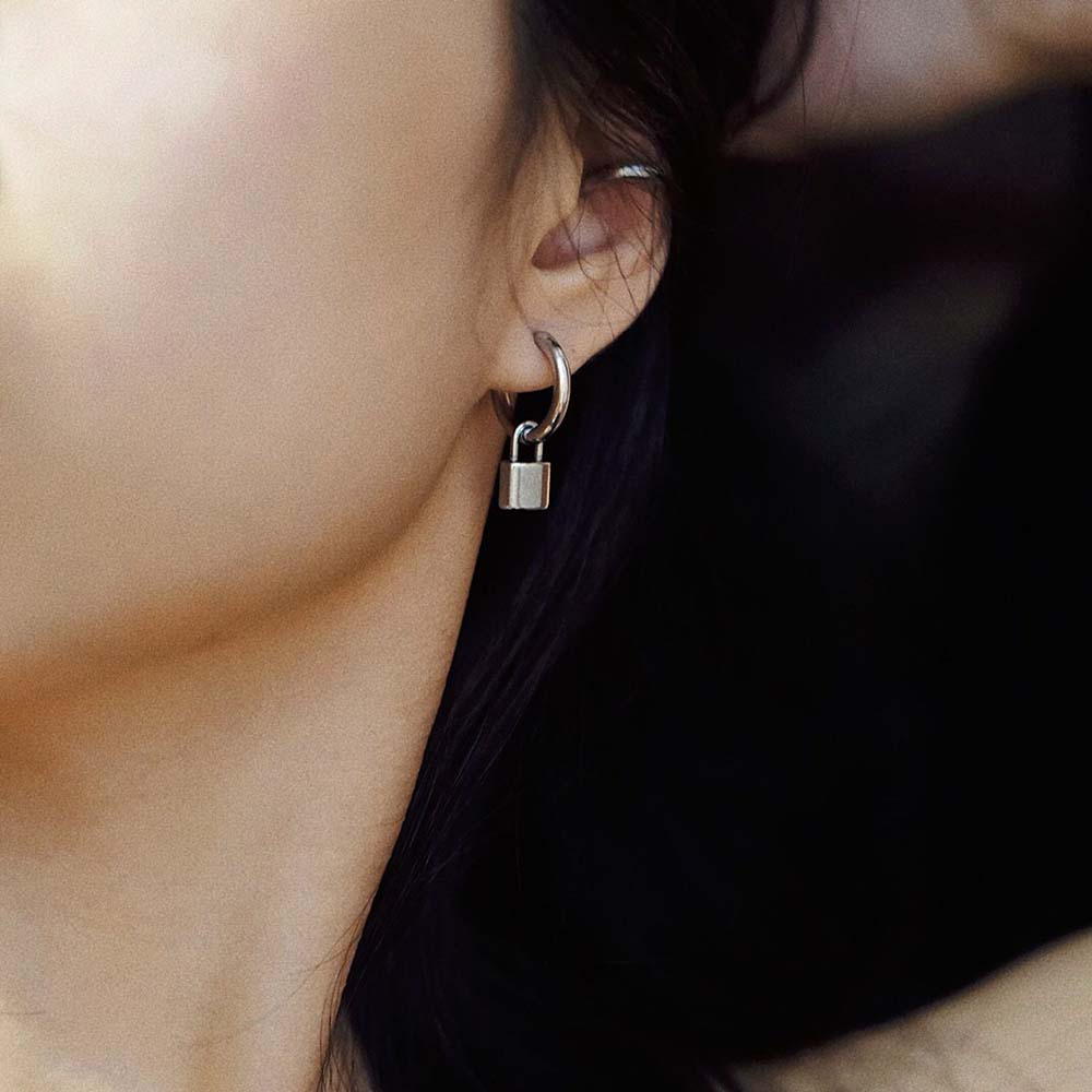 Simple Trendy Cool Style Men Women Hop Hip Stainless Steel Stud Earring Padlock Earrings Ear Clip