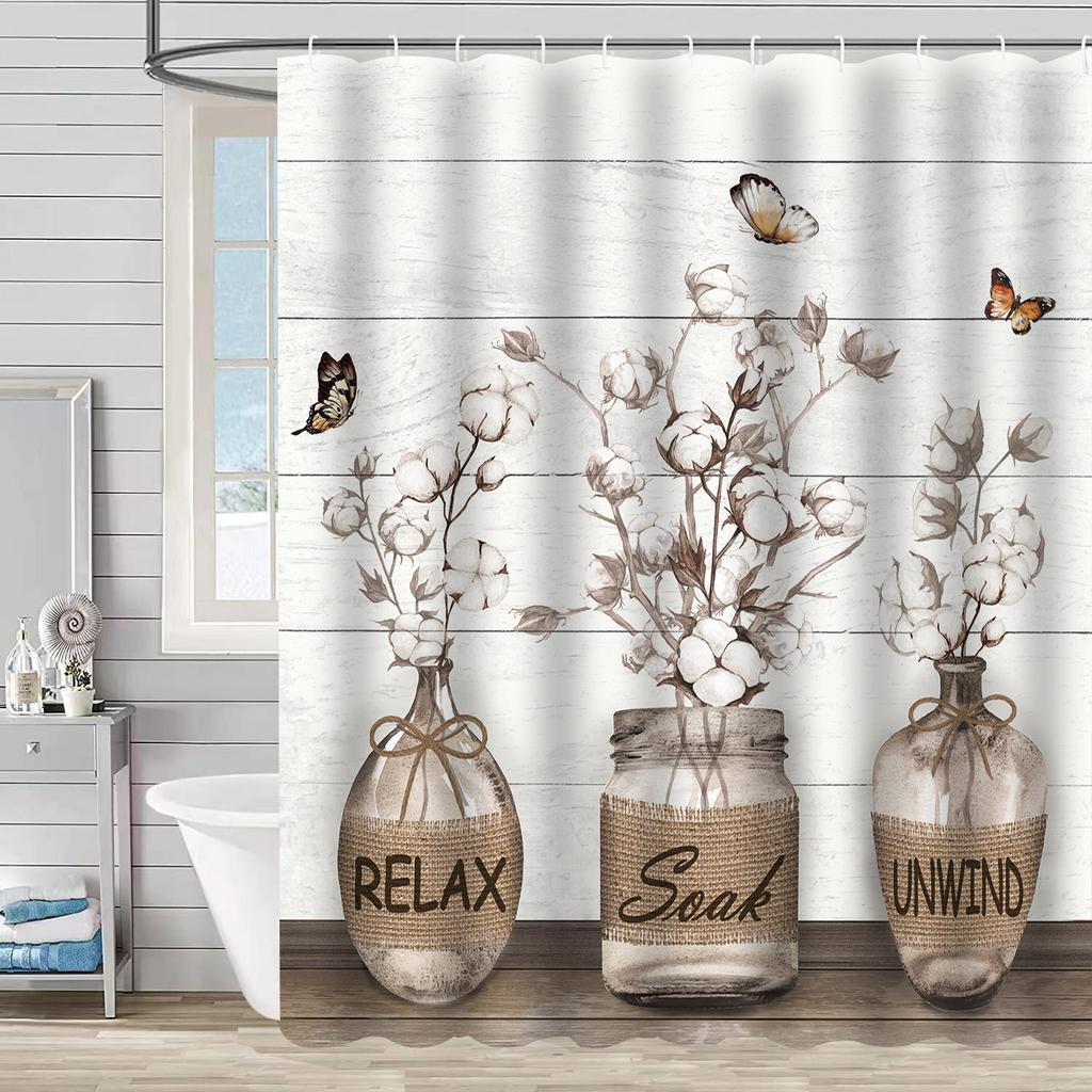 Водонепроницаемая штора для ванной, цифровая печать, растение, ваза, занавеска для душа, без пробивки, перегородка для туалета, ткань для душа