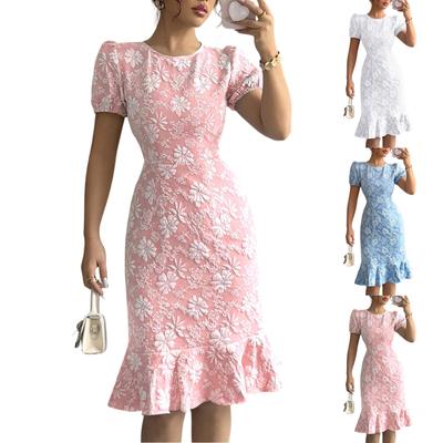 Женское модное принтованное платье с короткими рукавами и круглым вырезом, облегающее, облегающее бедра