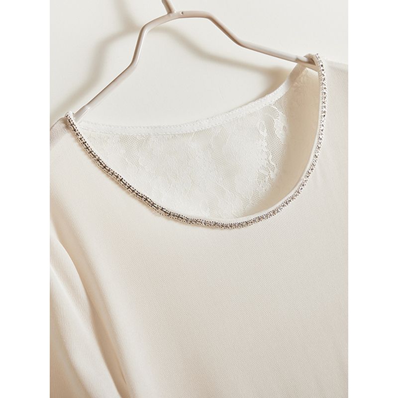 Plaid Into the Skin! Elegant Women's Tencel Cotton Beaded Short Sleeve Pullover Pure Color Series T-shirt Summer Floral Lace