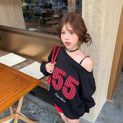 Цифровая печать дизайна с открытыми плечами, женская толстовка на осень, свободный ленивый маленький топ с длинными рукавами и открытыми плечами