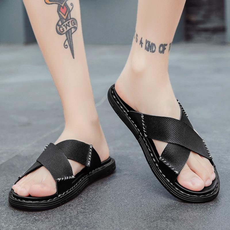 Летние сандалии мужские из натуральной кожи классические черные тапочки с открытым носком пляжные резиновые удобные и дышащие сандалии