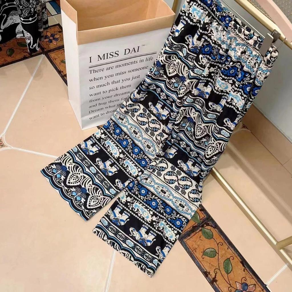 Long Elephant Pants Adjustable Elastic High Waistband Strap Loose Leg Women Print Thailand Casual Streetwear Beach Bohemian Retro Vintage