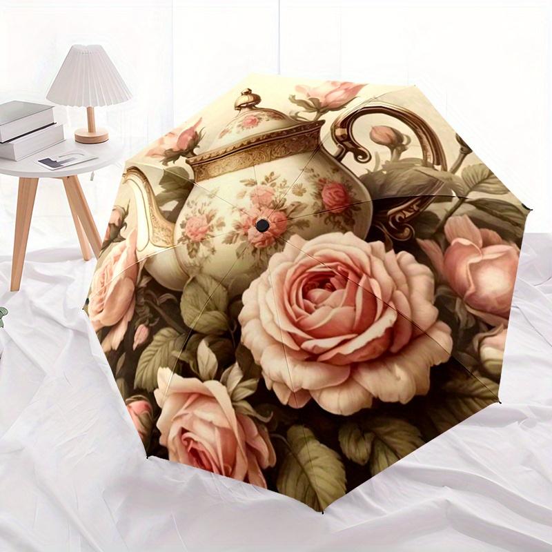 Floral Teapot Design Automatic Folding Umbrella Compact Lightweight For Outdoor Adventurest53