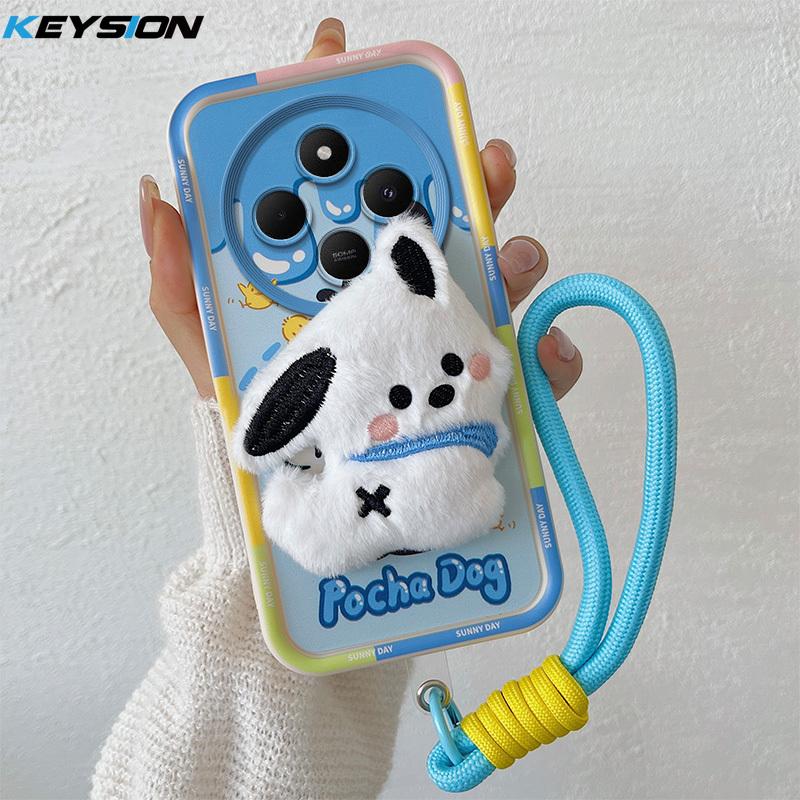 KEYSION Cute 3D Cartoon Plush Case for Redmi 14C with Lanyard Soft Silicone Shockproof Phone Back Cover for Xiaomi POCO C75