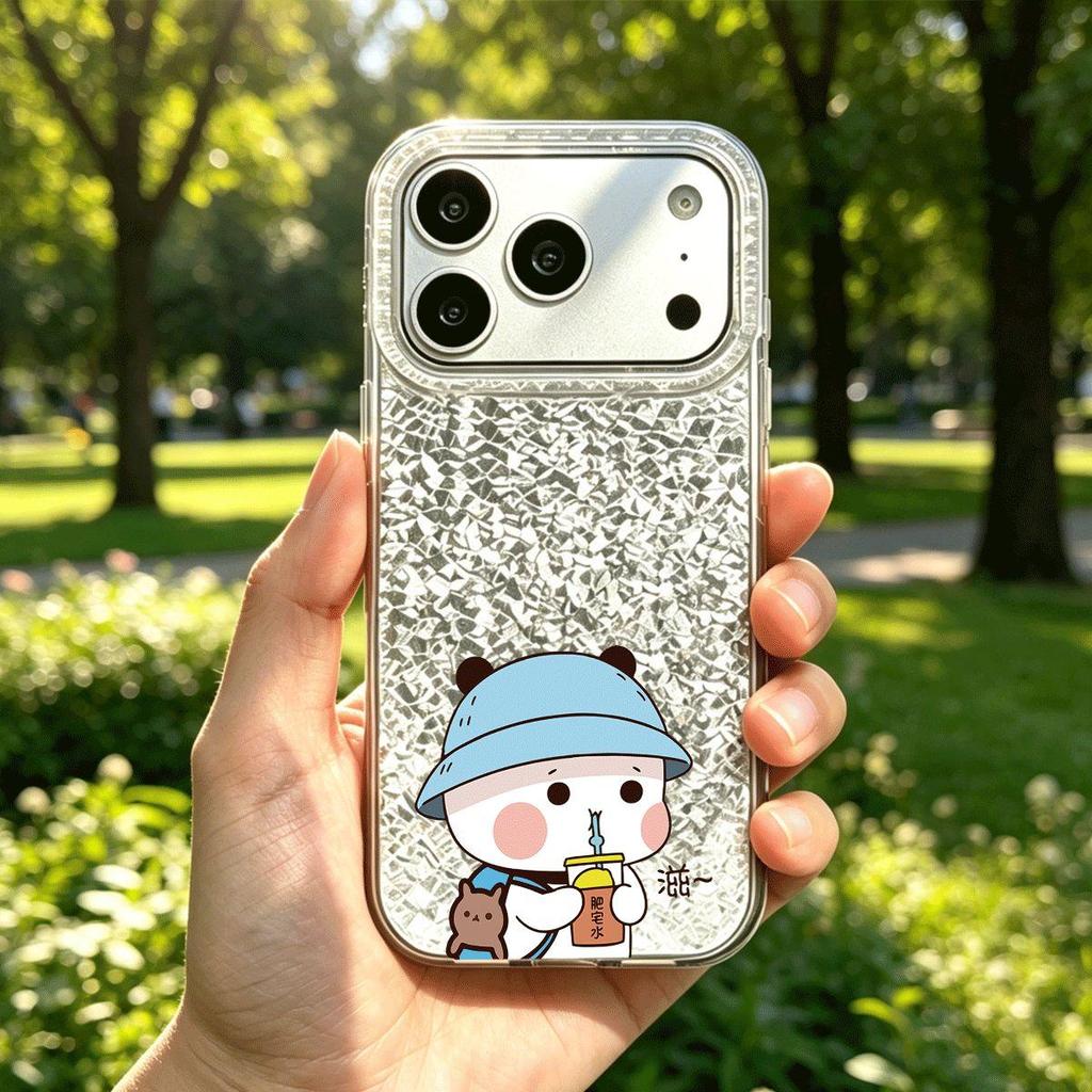 Phone Case for iphone 12 11 XS Max 18 Pro Max 17 Pro XR 14 13 Air 15 16 Plus Cute Soda - drinking Silver Cracked Texture Shockproof Cover