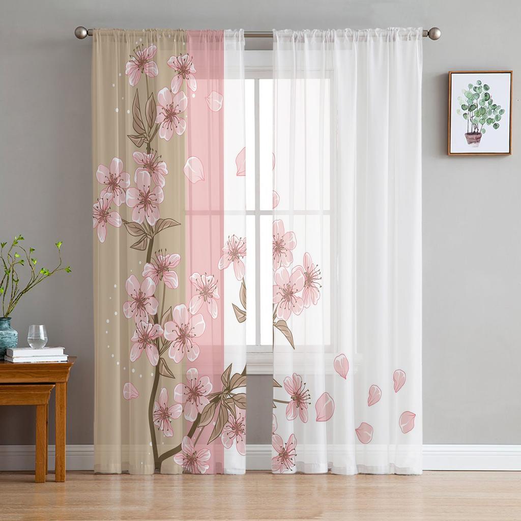 Spring Cherry Blossom Tulle Drapes for Living Room Bedroom Decoration Modern Chiffon Translucent Voile Kitchen Area Window Opening Curtain