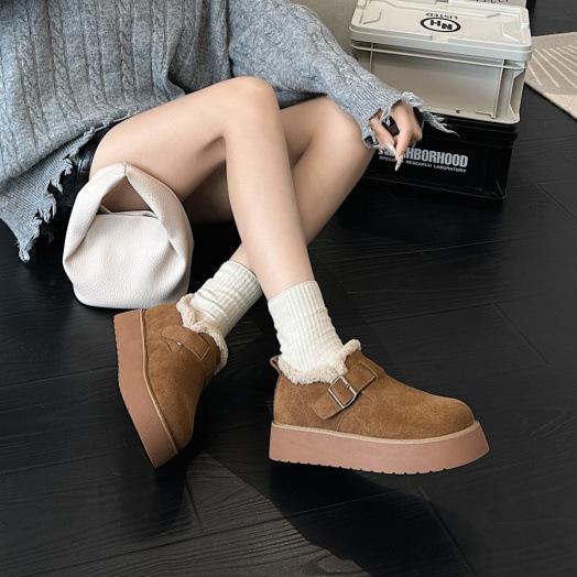 Кожаные ретро женские осенне-зимние модели, кожаные бархатные утепленные теплые пушистые туфли, повседневные хлопковые туфли на платформе