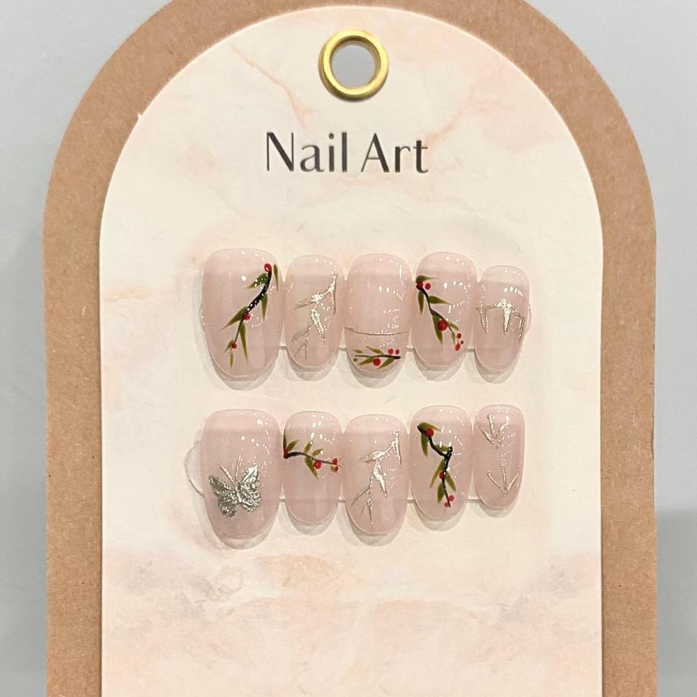 Handmade 3D Green Fairy Gradient Butterfly Almond Press On Nails With Glue Reusable Full Cover Artificial Nail Tips