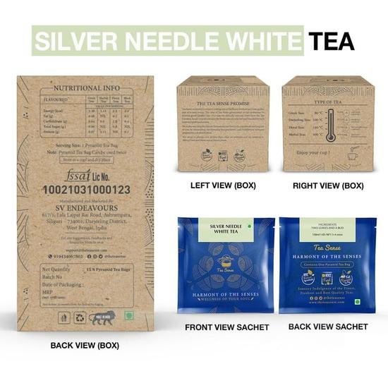 TEA SENSE Silver Needle White Tea | 15 Pc | Pyramid Tea Bags In Sealed Pouches | Premium Organic Luxury Tea | Can Be Rebrewed