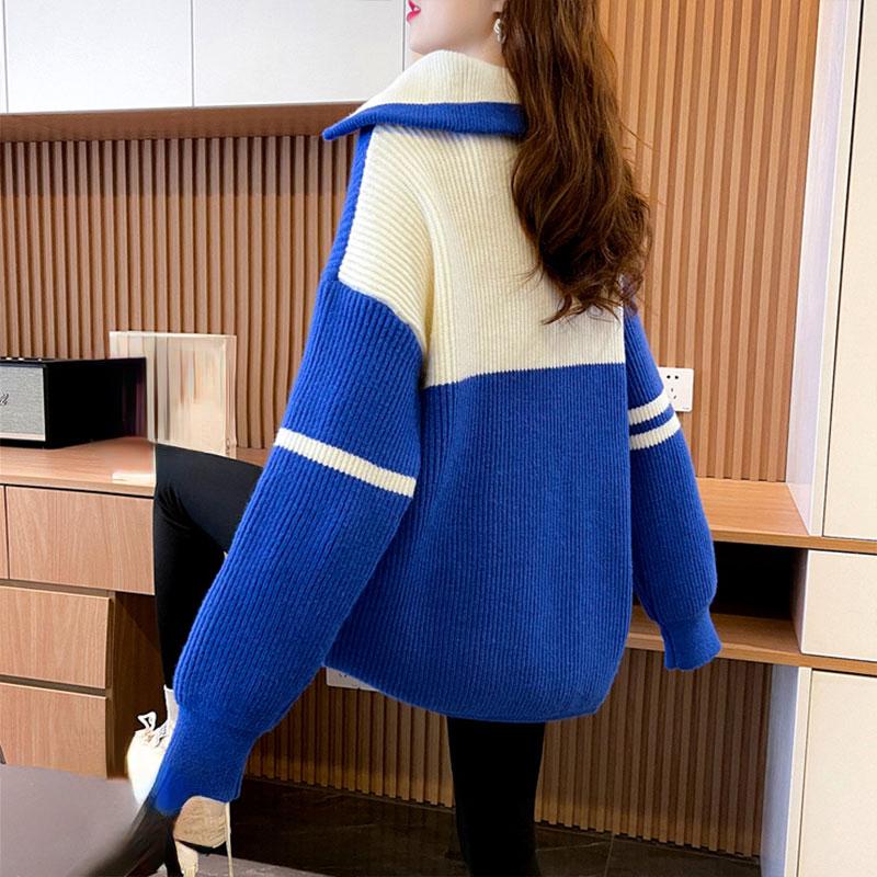 DIMANAF 2023, свитера, зима-осень, женский пуловер на молнии, вязаный водолазка с длинными рукавами, синий, белый, свободный свитер